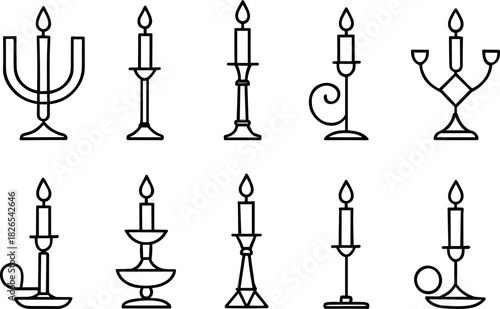 Christmas candles and holiday lights icons set. Festive decor, winter celebration outline illustrations