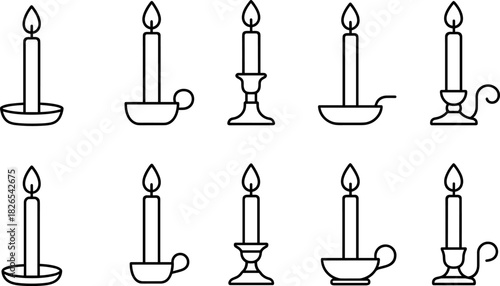 Christmas candles and holiday lights icons set. Festive decor, winter celebration outline illustrations