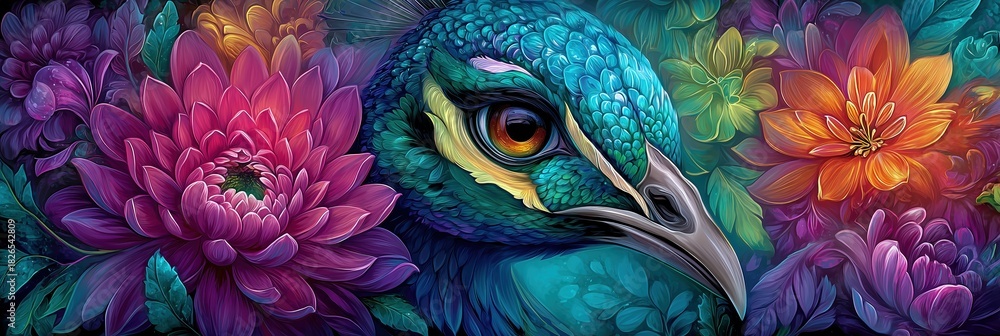 Obraz premium Close-up horizontal digital art of a peacock's face and beak, framed by deeply colored dahlia flowers in shades of purple, fuchsia, and bright orange.