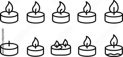 Christmas candles and holiday lights icons set. Festive decor, winter celebration outline illustrations