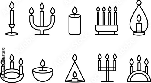 Christmas candles and holiday lights icons set. Festive decor, winter celebration outline illustrations