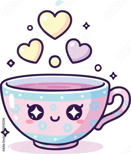 Cute Kawaii Teacup with Hearts and Sparkling Eyes Illustration.