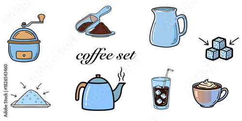 Coffee set with grinder, accessories, and beverages in a stylish design