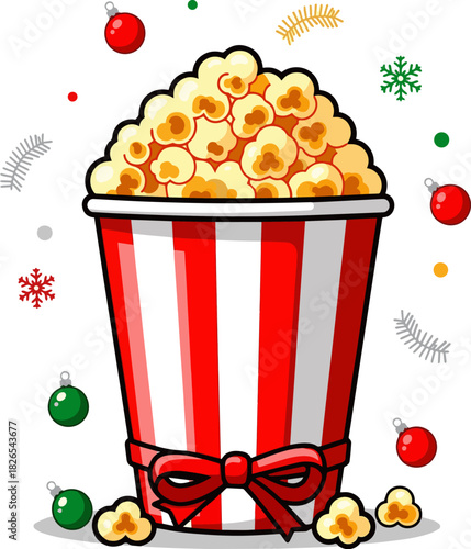  Create a Popcorn in striped red cup with Christmas decorations vector art with white background..