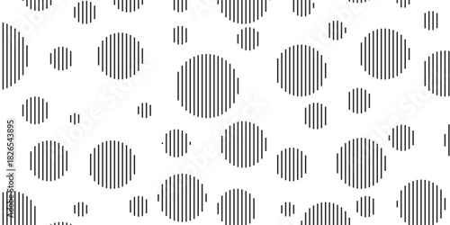 Scattered abstract pattern of black vertically striped circles of varying sizes.