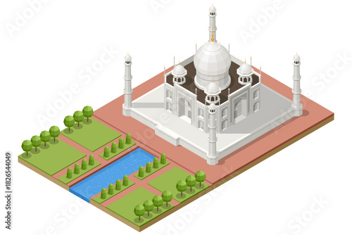 Isometric illustration of the Taj Mahal with gardens, pathways and water canal, showing the famous monument in detailed architectural style.
