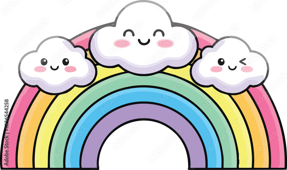 Obraz premium Cute Rainbow with Smiling Clouds Illustration.