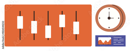Candlestick chart with financial data, clock for time tracking, small graph with trends. Ideal for trading, investment, time management, finance, strategy decision-making predictive analysis. A