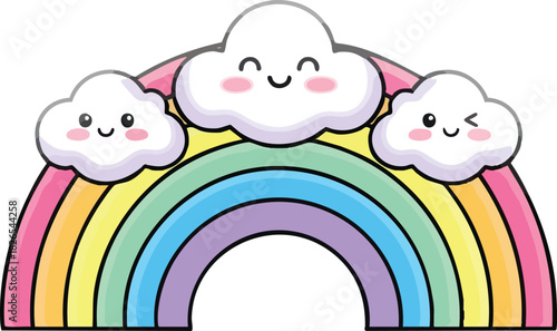 Cute Rainbow with Smiling Clouds Illustration.