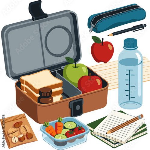Create a Prepared lunchbox featuring snacks, fruits, vegetables, nuts, and water, accompanied by school supplies vector art with white background.