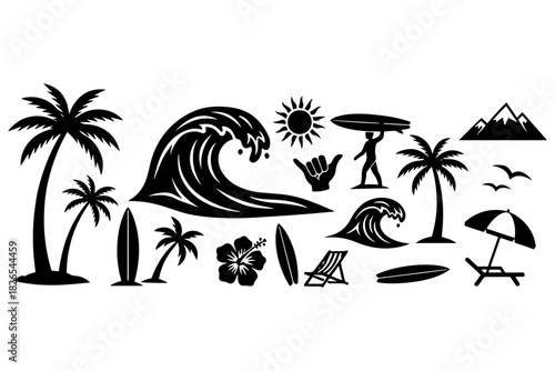 set of beach icons,
Tropical Beach & Surfing Icons,
Minimalist Silhouettes