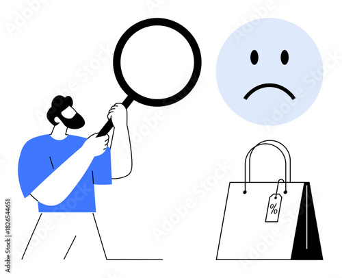 Consumer dissatisfaction. A person holds a magnifying glass next to a sad face and a shopping bag with a discount tag, consumer dissatisfaction in retail and e-commerce. s customer experience