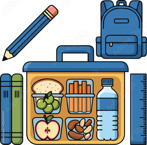 Create a Prepared lunchbox featuring snacks, fruits, vegetables, nuts, and water, accompanied by school supplies vector art with white background.