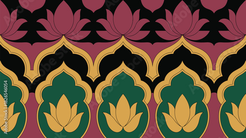 Elegant lotus flower pattern, vibrant green and gold colors, perfect for sophisticated textile designs and cultural projects with artistic flair