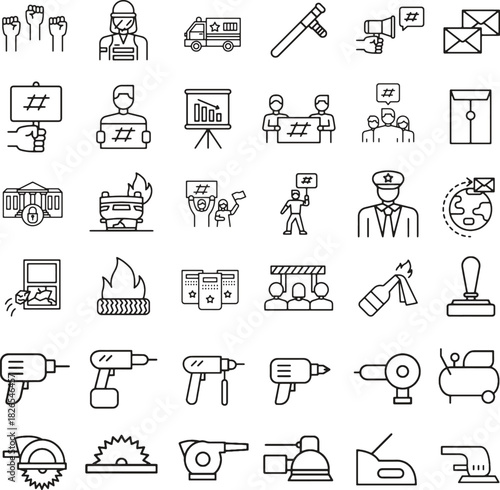Collection of outline style protest symbols and tools