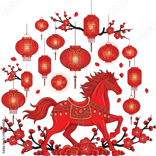 Create a Red decorative scene with lanterns, plum blossoms, and horse figurine for festive decor vector art with white background..