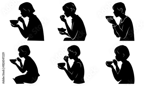 Silhouetted figures savoring soup or tea, moments of pause and reflection, simple pleasures of life, elegant monochrome vector art, contemplative mealtime