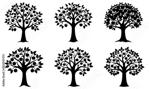 Illustrative apple trees with stylized branches and fruit, a simple black silhouette design, perfect for nature projects and orchard themes originally vector