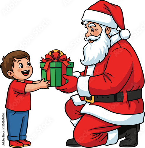 Create a Santa Claus presents a festive green gift box to a child with a joyful holiday spirit vector art with white background..