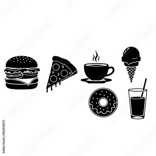 Collection of black silhouette icons representing popular fast food and drink items including a burger pizza coffee ice cream donut and soda