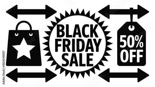 Don't miss the Black Friday Sale with 50% off savings, complete with shopping bag and price tag icons for your promotional needs now