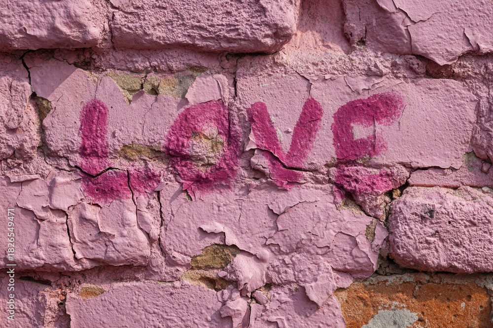 Naklejka premium Pink brick wall with textured surface featuring the word love spray-painted in bold letters, creating an urban art vibe and expressing affection in a vibrant setting