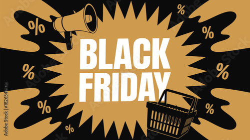 Don't miss out on Black Friday savings with a megaphone and shopping basket, discounts for all, get ready to shop now for amazing deals