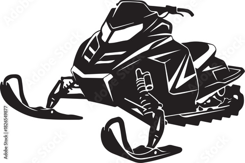 Black silhouette of a modern snowmobile on a white background.