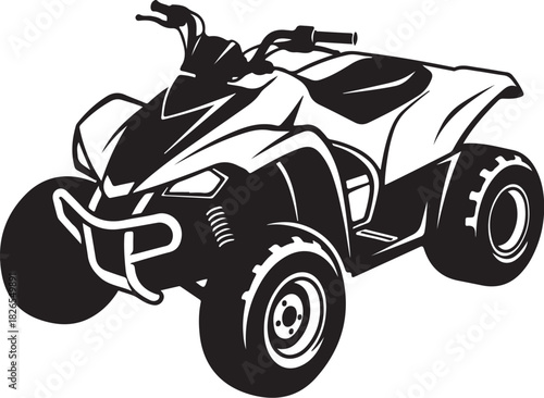 Black and white illustration of a four-wheel atv on a plain background