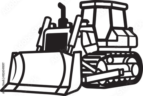 Line art illustration of a bulldozer pushing dirt with its blade, isolated.
