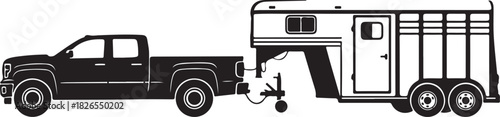 Black silhouette of a pickup truck towing a horse trailer on white