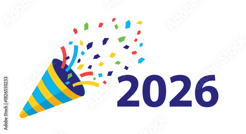 New year 2026 celebration with confetti popper isolated on