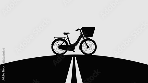  Electric bicycle with front basket on open road silhouette, eco delivery vector
