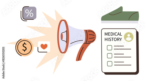 Megaphone emitting messages, medical history clipboard, and financial icons. Ideal for healthcare communication, patient engagement, medical awareness, budgeting, data management, outreach