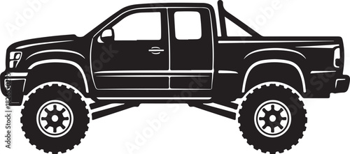 Black silhouette of a lifted off-road pickup truck with large tires