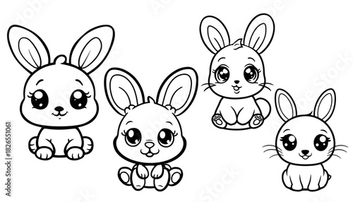 set cute rabbits hand drawn line art on white background. vector illustration design.