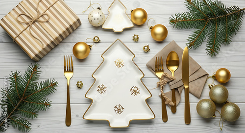 A festive table scene featuring a tree shaped plate gold cutlery pine sprigs a striped gift box and 30611249 1