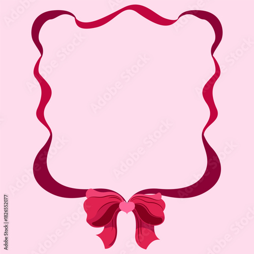 A whimsical frame for design and decoration made of symmetrical ribbons. A red bow is attached to the bottom. Hand-drawn vector illustration. The frame is set on a soft pink background.