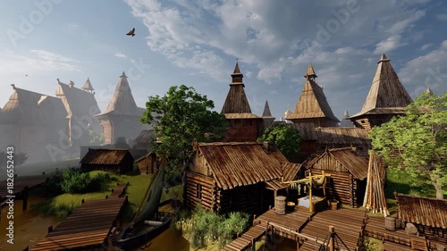 A pier and an old wooden town. Animation on the theme of history and architecture, fantasy, and computer games.