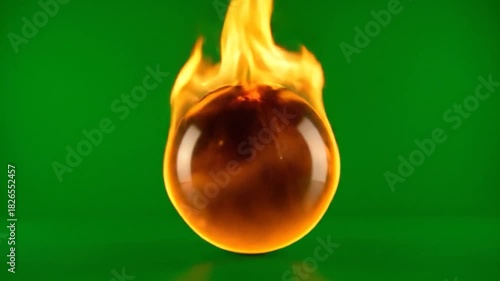 A translucent, fiery sphere, enveloped in flames, floats against a vibrant green backdrop
