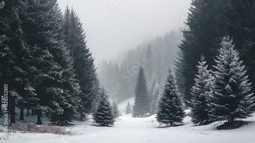 Commercial photo of snow-covered trees in a winter snow scene forest
