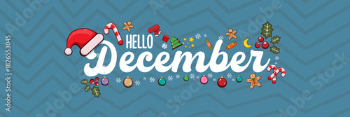 Hello December banner design template with santa hat, christmas tree, candy, hat, mittens, stars, gifts, balls, moon, gingerbread man, cookies. Hello December blue sticker on blue abstract background