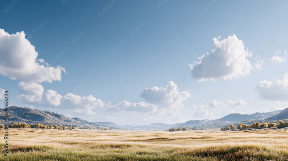 Fototapeta premium Wide rural landscape with plains and distant hills under a clouded sky, conveying openness and calm