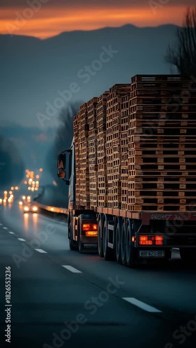 A truck carrying wooden pallets travels along a peaceful road.