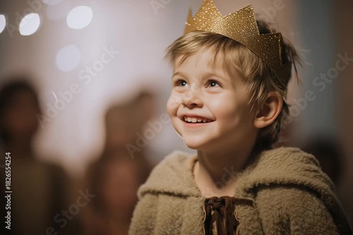 A cute little boy dressed as a prince and wearing a crown performs at a school theater performance