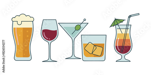 Assortment of alcoholic beverages in different glass types