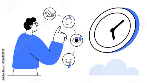 Male figure points at representations of senses hearing, taste, touch, sight next to a large clock. Ideal for productivity, mindfulness, sensory perception, self-awareness, decision-making human