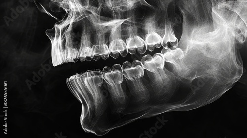 X-ray image of a human jawbone, showcasing intricate dental structures and contours, highlighting the beauty of anatomy in a striking monochrome format