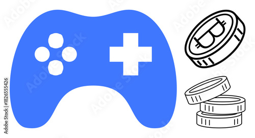 Blue gaming controller and stacked cryptocurrency coins communicate concepts of gaming, digital transactions, technology, and blockchain innovation. Ideal for gaming, cryptocurrency, fintech
