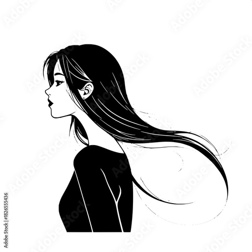 “Modern monochrome illustration of a young woman in three-quarter view, her hair cascading behind her. Crisp lines, light gray gradient background, and understated elegance highlight the vector aesthe